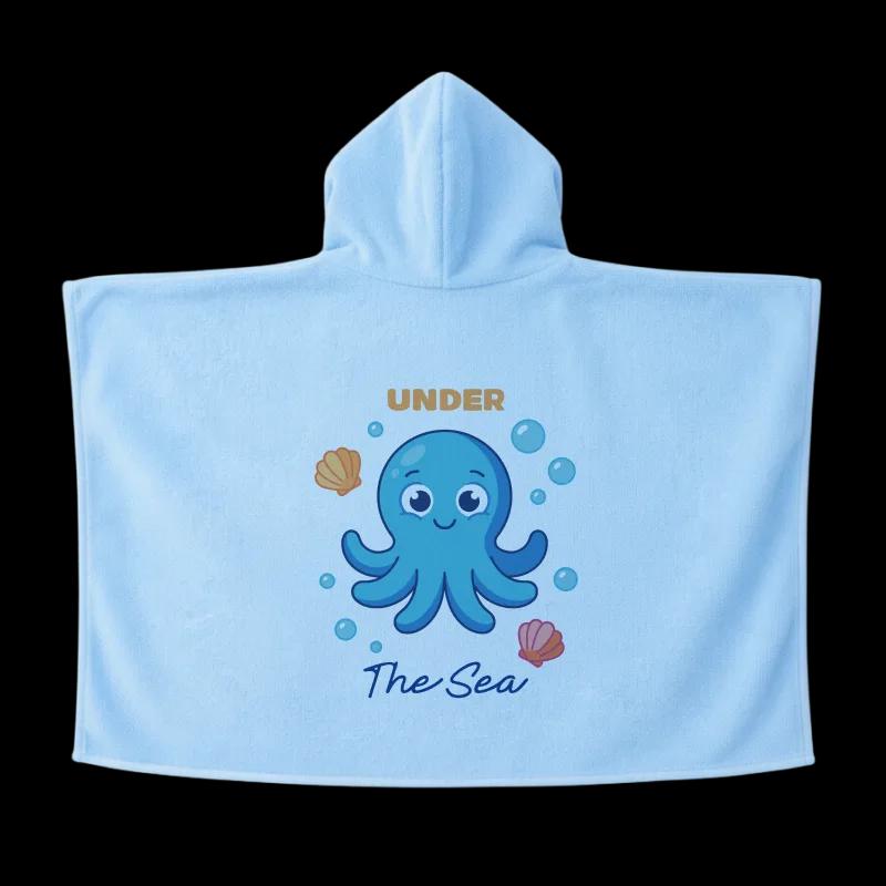 Salida de Baño Infantil con Gorro Azul Cielo — Pulpo Under The Sea | SKU: B06 — Toallas salida de baño